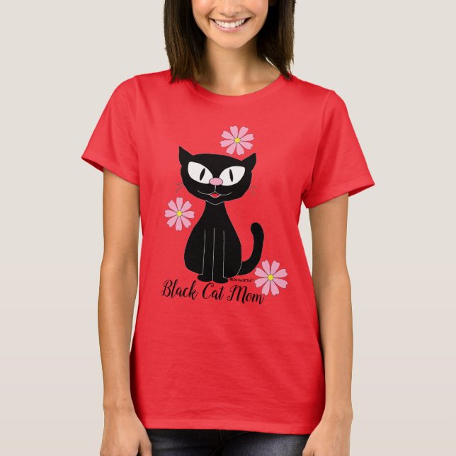 T-shirt Black Cat Maman avec Jolie Fleurs Roses Amoureux d (Devant)