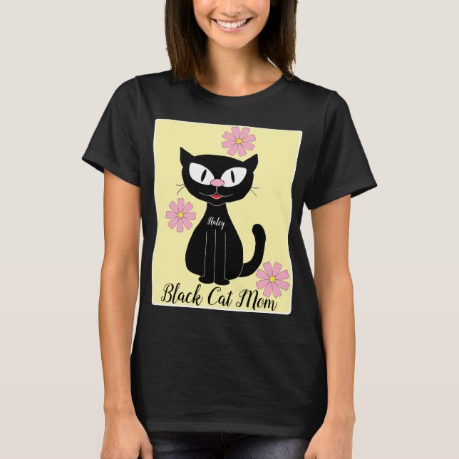 T-shirt Black Cat Maman avec Jolie Fleurs Roses Amoureux d (Devant)