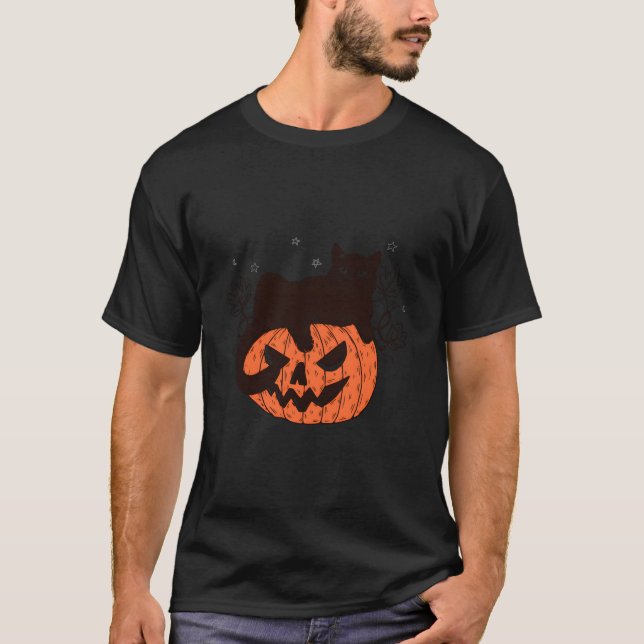 T-shirt Black Cat On Pumpkin Face Halloween Spooky Season (Devant)