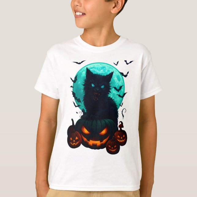 T-shirt Black Cat on Pumpkins under Full Moon – Spooky Hal (Devant)