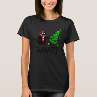 T-shirt Black Cat Pushing Christmas Tree Over Cat What