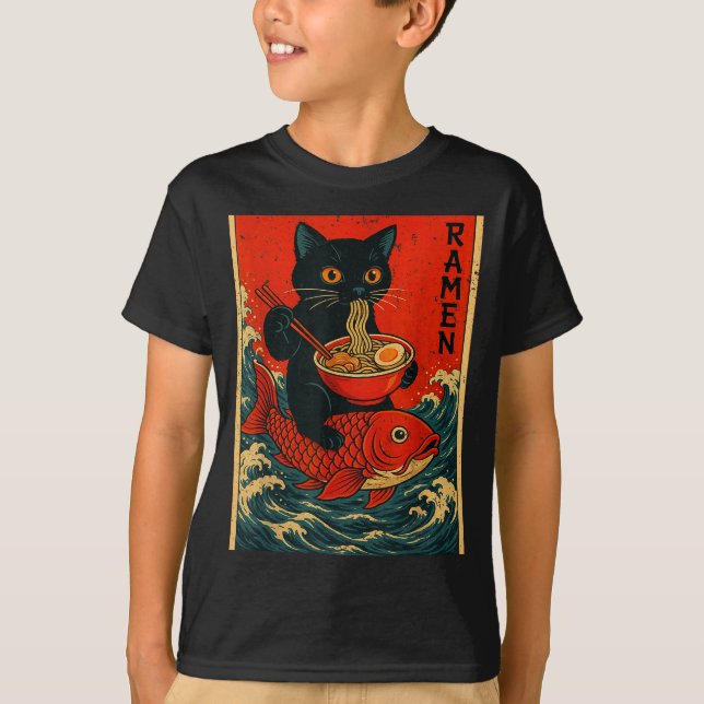 T-shirt Black Cat Ramen Japanese Graphic Tees For Men Wome (Devant)