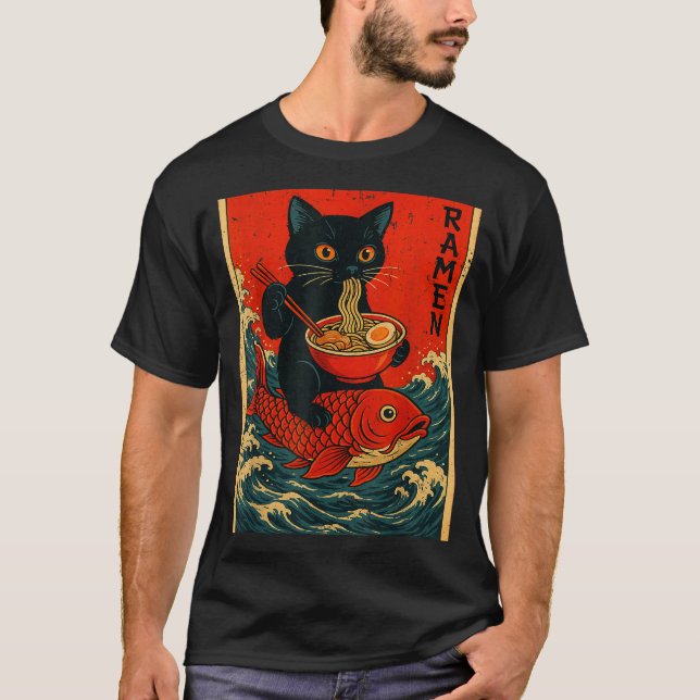 T-shirt Black Cat Ramen Japanese Graphic Tees For Men Wome (Devant)