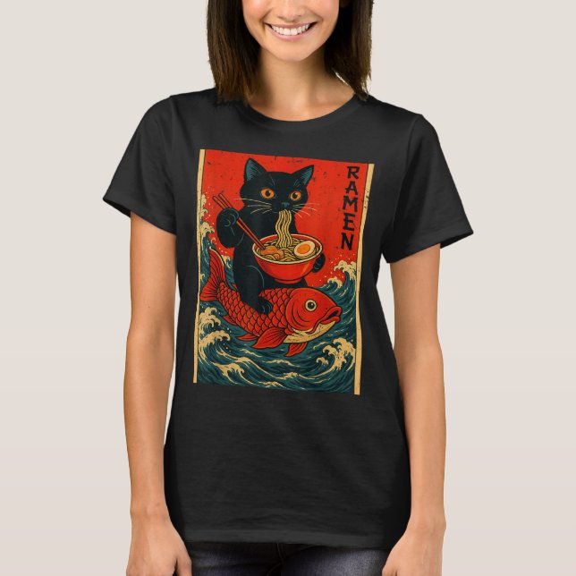 T-shirt Black Cat Ramen Japanese Graphic Tees For Men Wome (Devant)