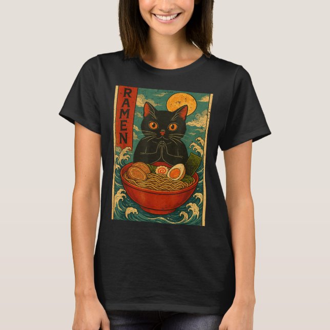 T-shirt Black Cat Ramen Japanese Graphic Tees For Men Wome (Devant)
