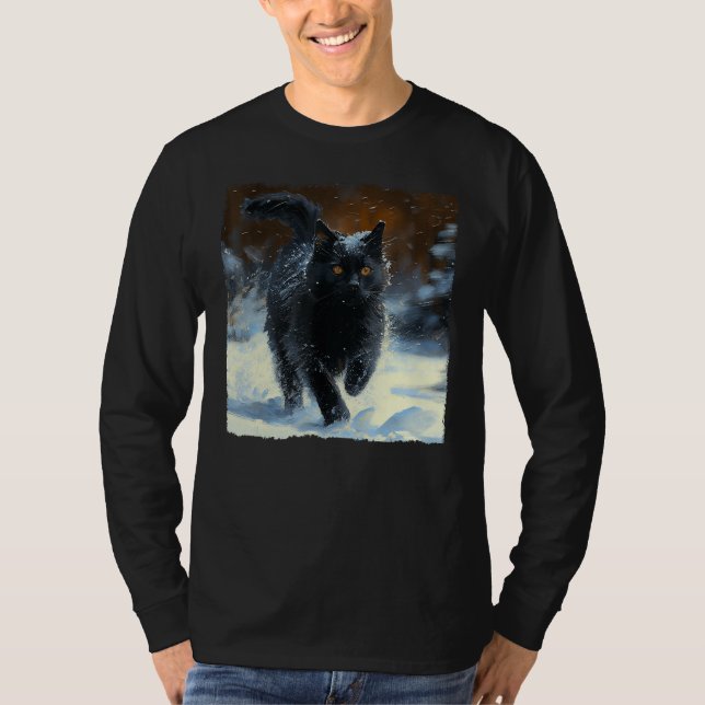 T-shirt Black Cat Running Snow (Devant)