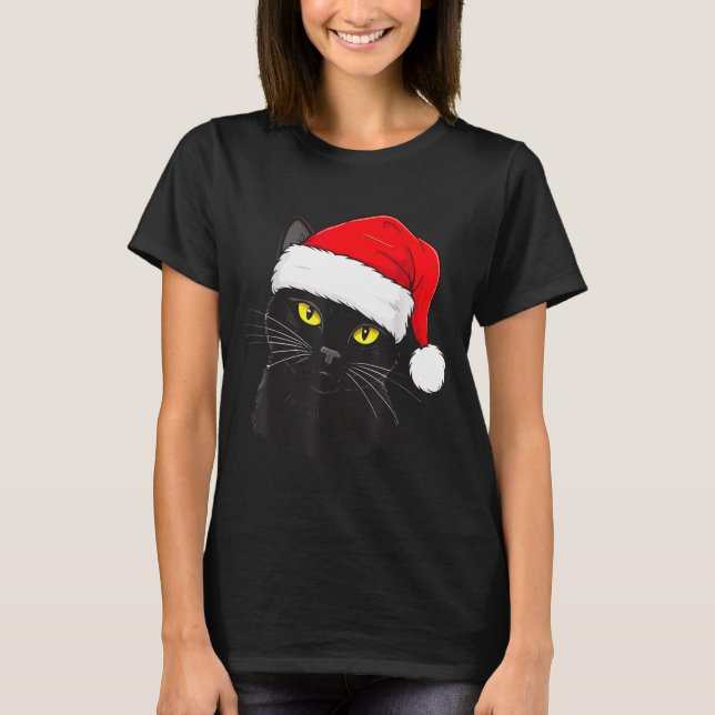 T-shirt Black Cat Santa Hat Christmas  (Devant)