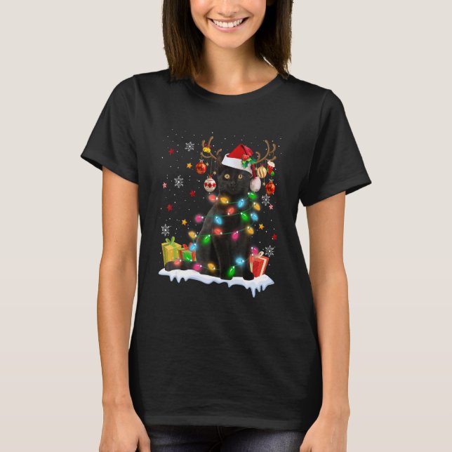 T-shirt Black Cat Santa Hat Reindeer Christmas Lights Cat  (Devant)