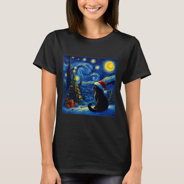 T-shirt Black Cat Santa Hat Van Gogh Starry Night Christma (Devant)
