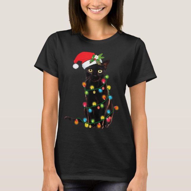 T-shirt Black Cat Santa Tangled Up In Christmas Lights  (Devant)