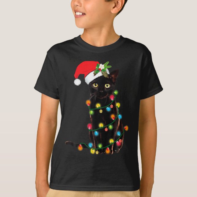 T-shirt Black Cat Santa Tangled Up In Christmas Lights  (Devant)