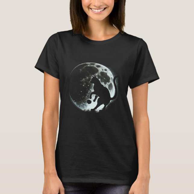 T-shirt Black Cat Soccer Moon Graphic Tees Men Women Boys  (Devant)