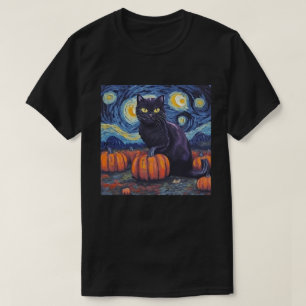 T-shirt Black Cat Starry Night Van Gogh Style Art Citrouil