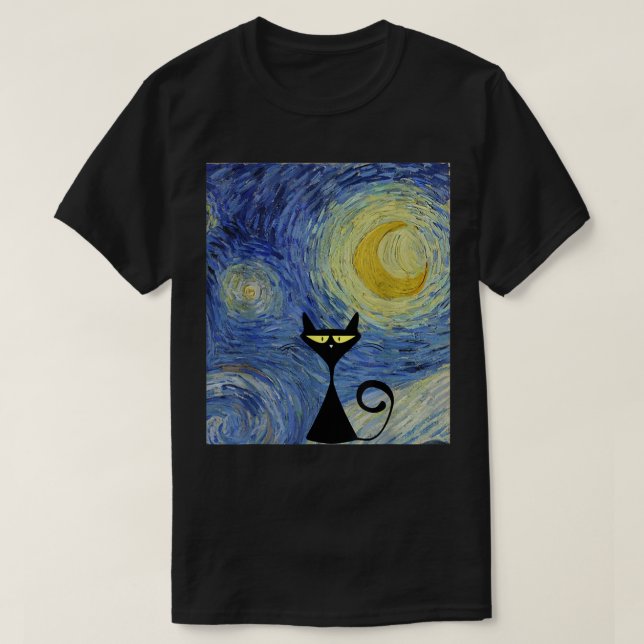 T-shirt Black Cat Van Gogh Starry Night Museum Lover Aweso (Design devant)
