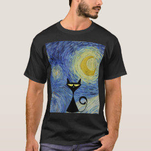 T-shirt Black Cat Van Gogh Starry Night Museum Lover Aweso