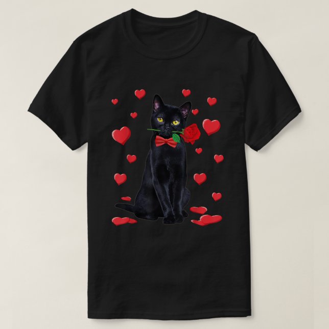 T-shirt Black Cat With Rose Valentines Shirt Valentine Cat (Design devant)
