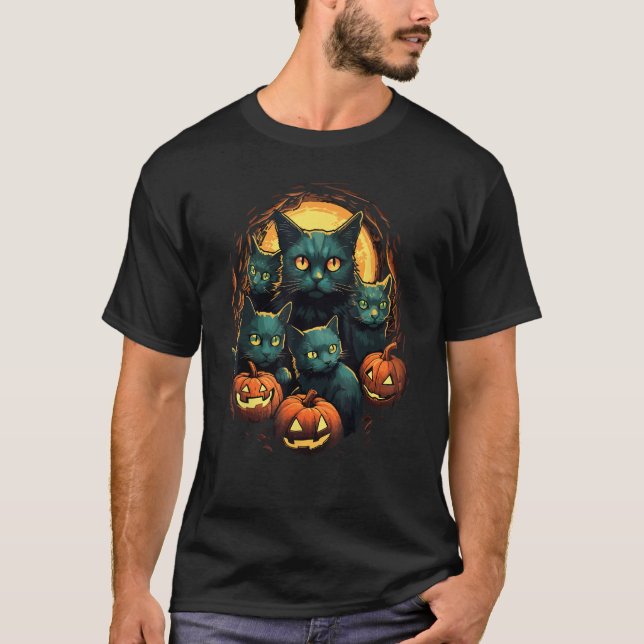 T-shirt Black Cats Moon Pumpkin  Halloween Horror 2 (Devant)
