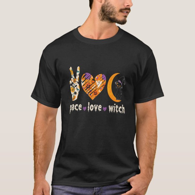 T-shirt Black Cats Peace Love Witch Haloween (Devant)