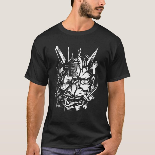 T-shirt Black Cobra Japanese Oni Cyberpunk Samurai Fun Tec (Devant)