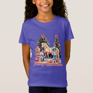 T-Shirt Black Cowgirl Winter Scène Cheval Joyeux Noël