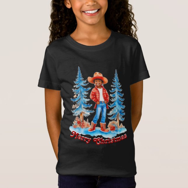 T-Shirt Black Cowgirl Winter Scène Joyeux Noël (Devant)