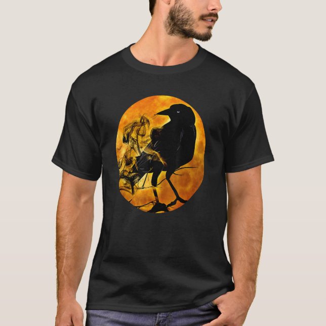 T-shirt Black Crow Raven Bird & Specter Against Orange Ful (Devant)