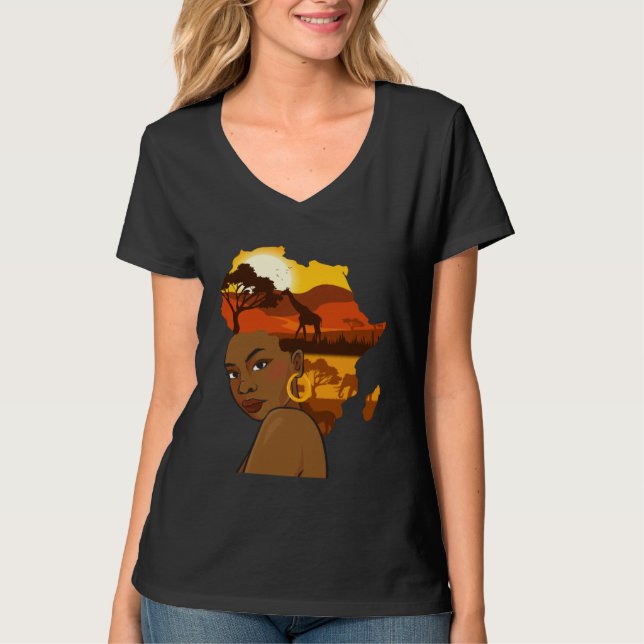 T-shirt Black Girl Woman Afro Hair African Continent Black (Devant)