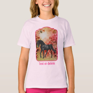 T-shirt Black Horse Flowers Fantasy Art Personalized