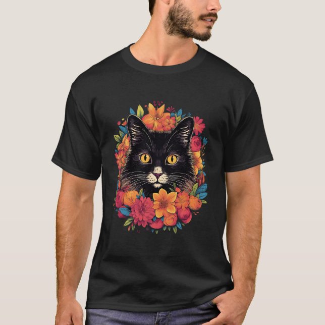 T-shirt Black Kitten Encircled By Flowers Owner Garden (Devant)