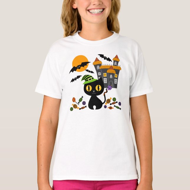 T-shirt Black Kitty Halloween Filles T Chemises (Devant)