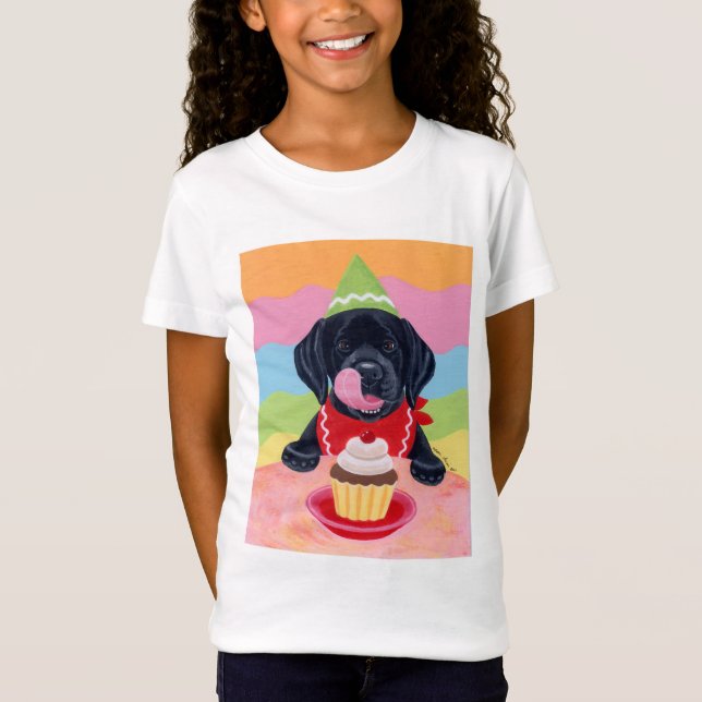 T-Shirt Black Lab Chiot Anniversaire Cupcake Peinture (Devant)