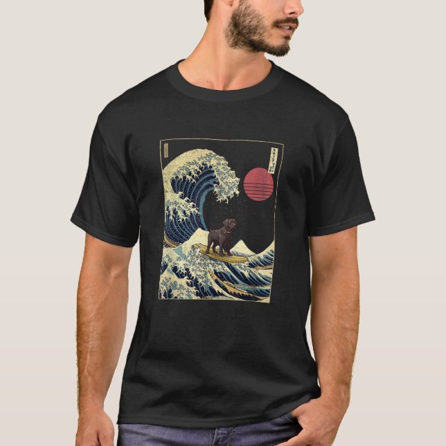 T-shirt Black Labrador Japanese Kanagawa Wave Funny Surf D (Devant)