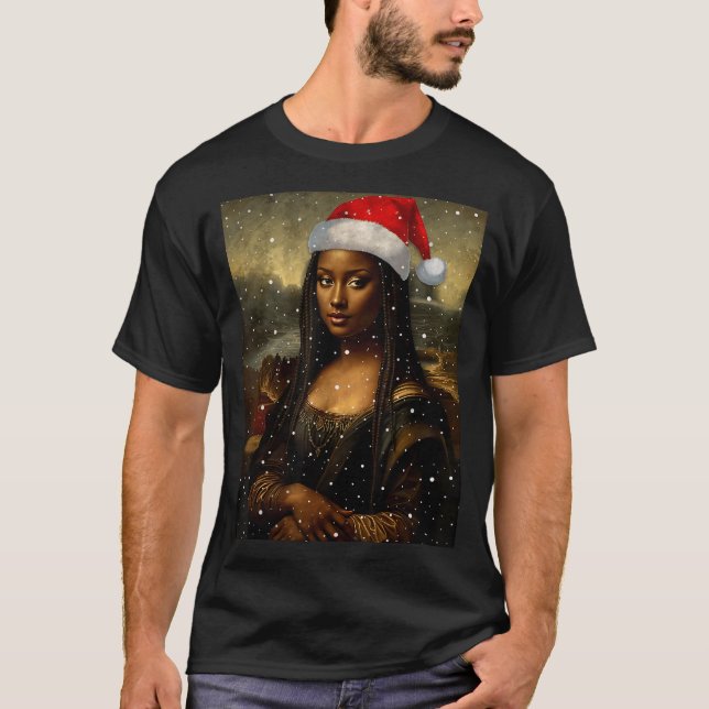 T-shirt Black Mona Lisa African American Christmas Santa H (Devant)