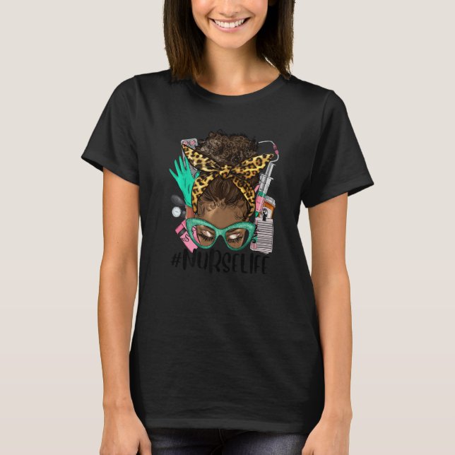 T-shirt Black Nurse Life Afro Hair Messy Bun Leopard CNA N (Devant)