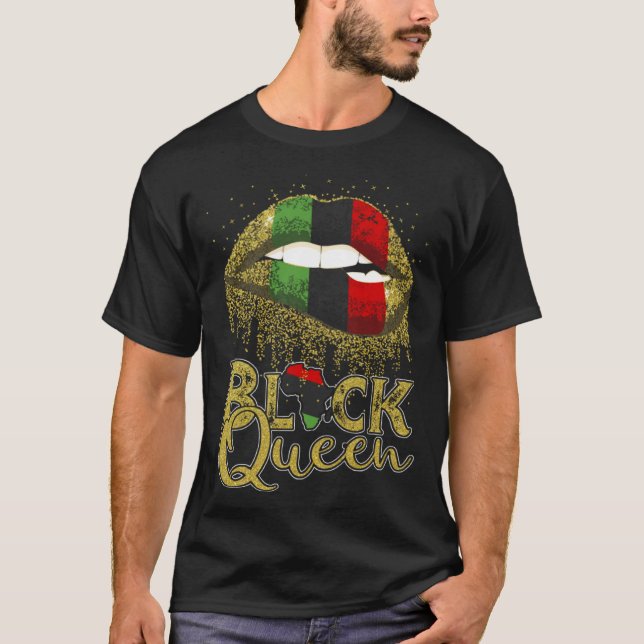 T-shirt Black Queen Lips  Red Green African American Flag (Devant)