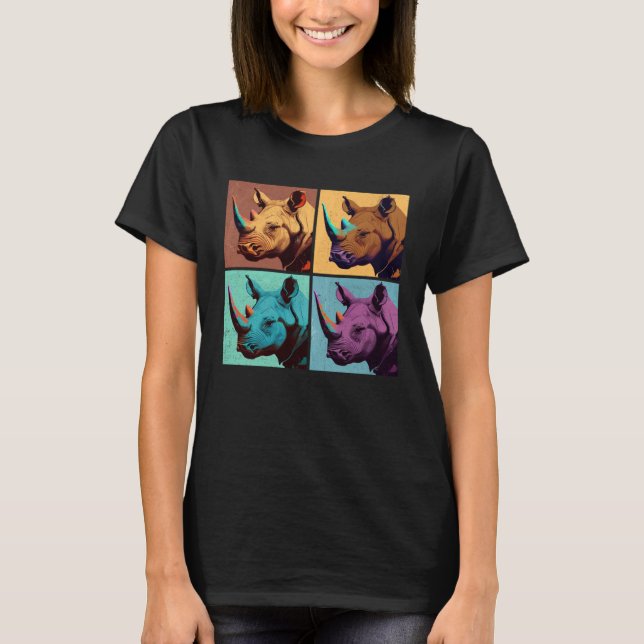 T-shirt Black Rhinoceros Pop Illustration Colorful Animal (Devant)