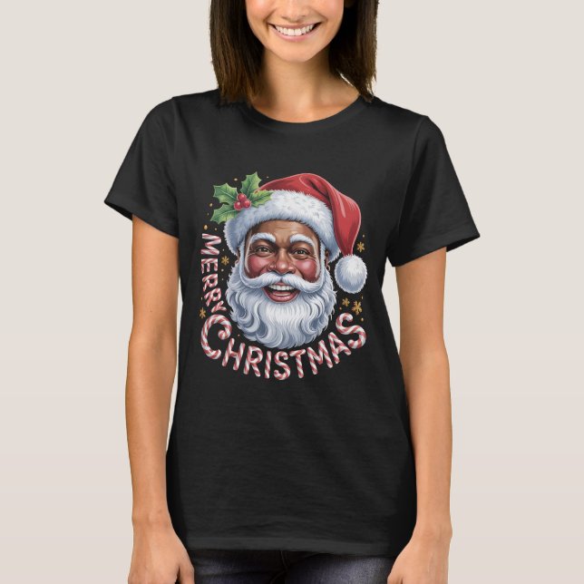 T-shirt Black Santa Claus Merry Christmas Shirt African Am (Devant)