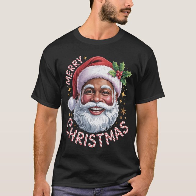 T-shirt Black Santa Claus Merry Christmas Shirt African Am (Devant)