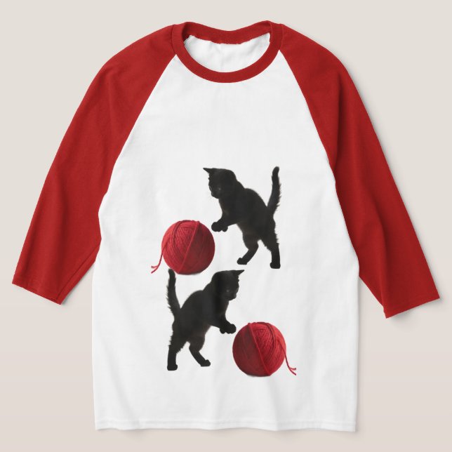 T-shirt Black Silhouette Kitty, with red wool Ball (Poser)