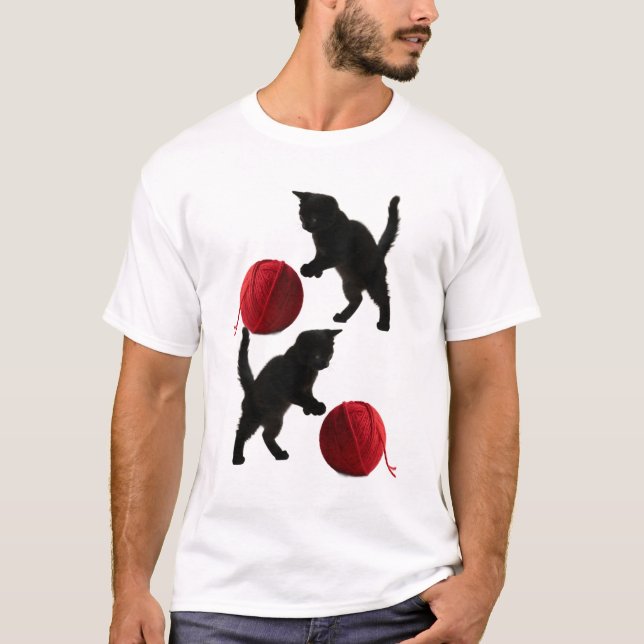 T-shirt Black Silhouette Kitty, with red wool Ball (Devant)