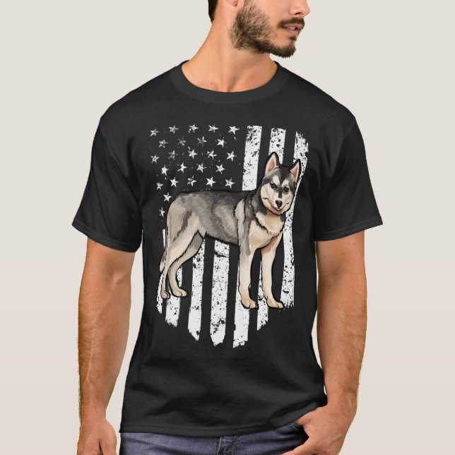 T-shirt Black White American Flag Siberian Husky 4th Of Ju (Devant)