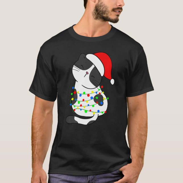 T-shirt Black White Cat Christmas Tree Lights Santa Hat Ca (Devant)