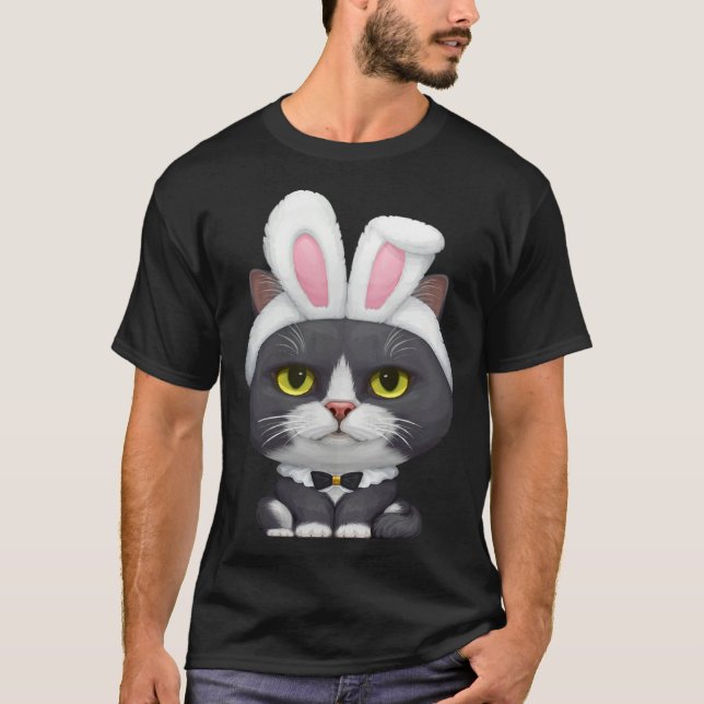 T-shirt Black & White Cat in the Easter Bunny Costume (Devant)