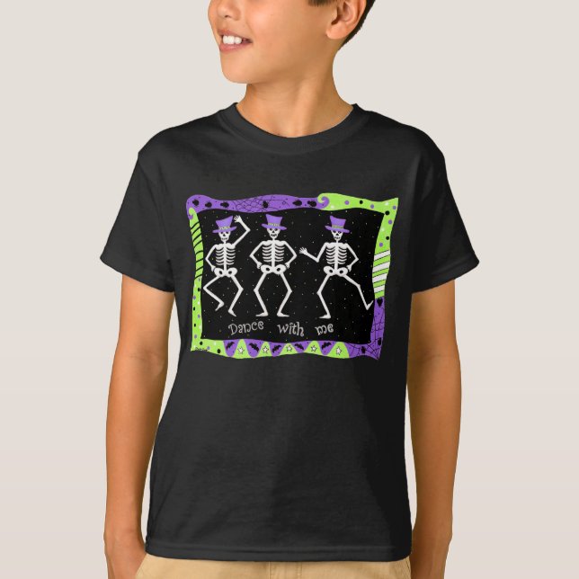 T-shirt Black White Halloween Skeleton Bones Danse (Devant)