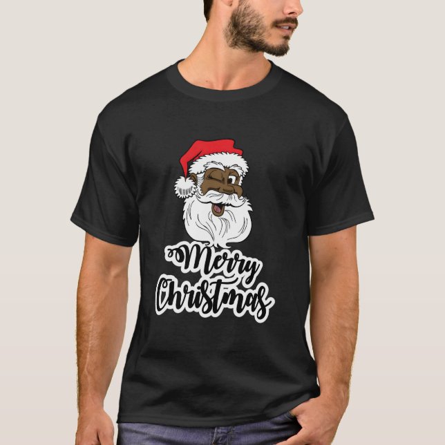 T-shirt Black Winking Santa Merry African American Santa (Devant)