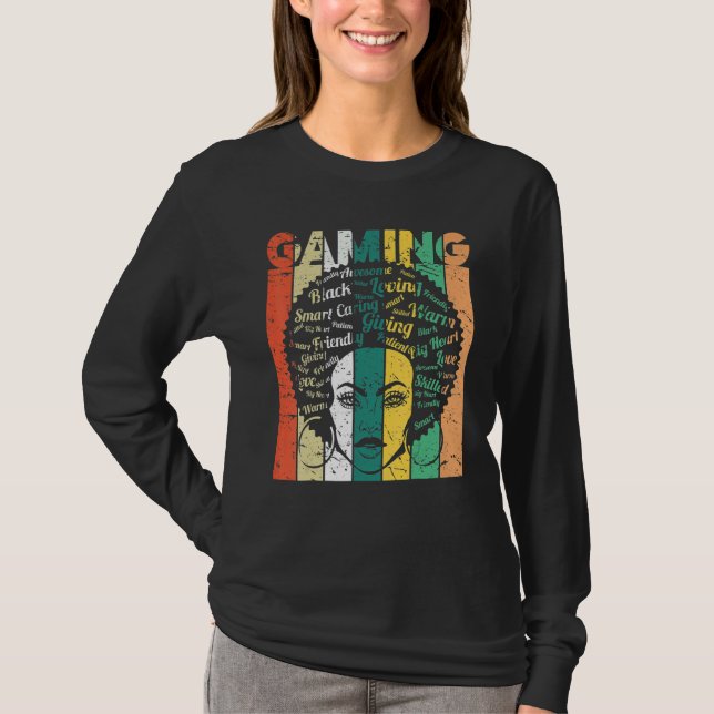 T-shirt Black Woman Gaming Afro Retro Cool Black History M (Devant)