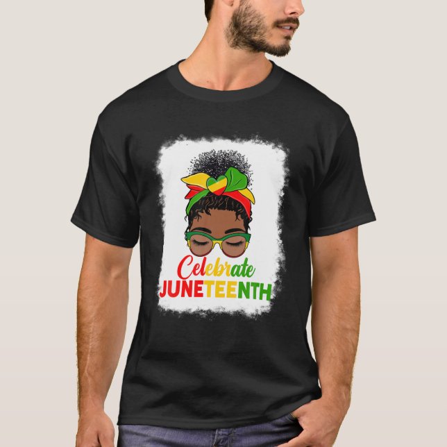 T-shirt Black Women Messy Bun Jundixième célébrer l'indépe (Devant)
