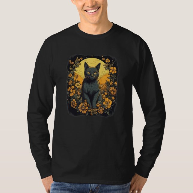 T-shirt black yellow cat portrait with wild flowers and mo (Devant)