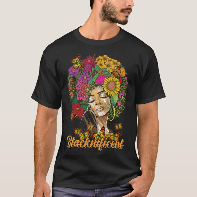 T-shirt Blacknificent Floral Afro Hair Butterfly Africain  (Devant)