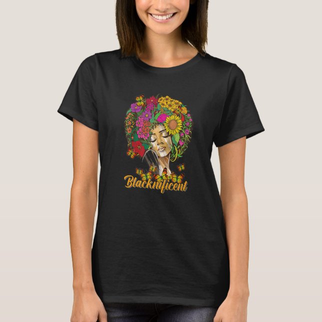 T-shirt Blacknificent Floral Afro Hair Butterfly Africain  (Devant)